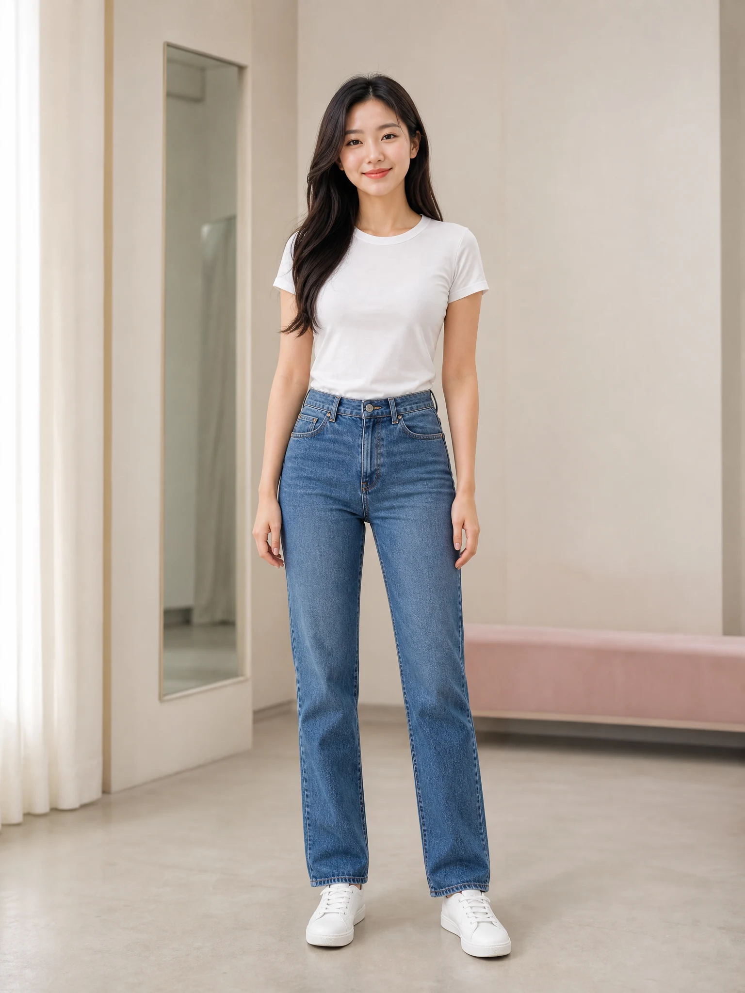 Original full-body portrait in a white T-shirt and jeans