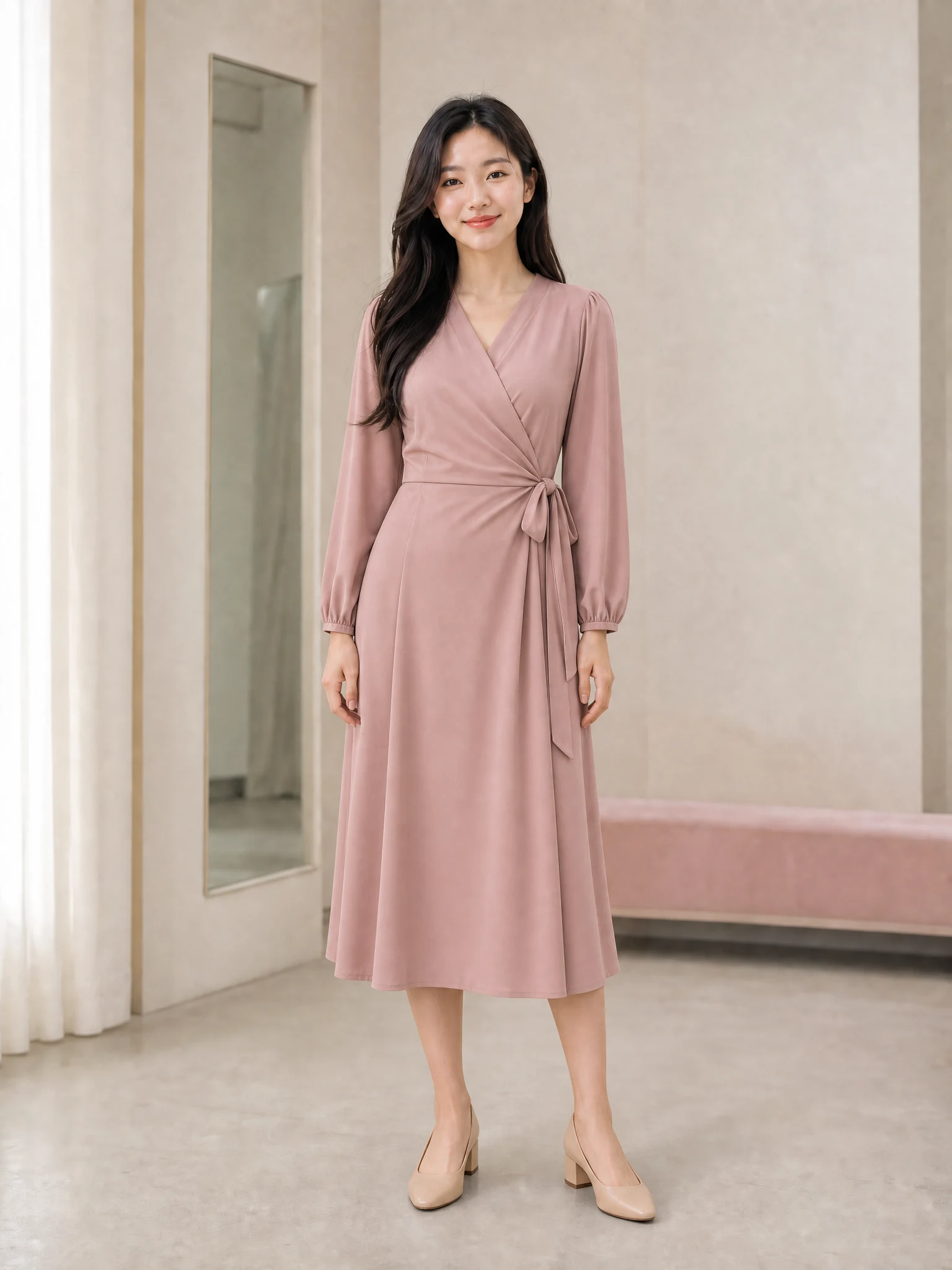 Young adult woman in a dusty-rose dress created by the AI Outfit Changer