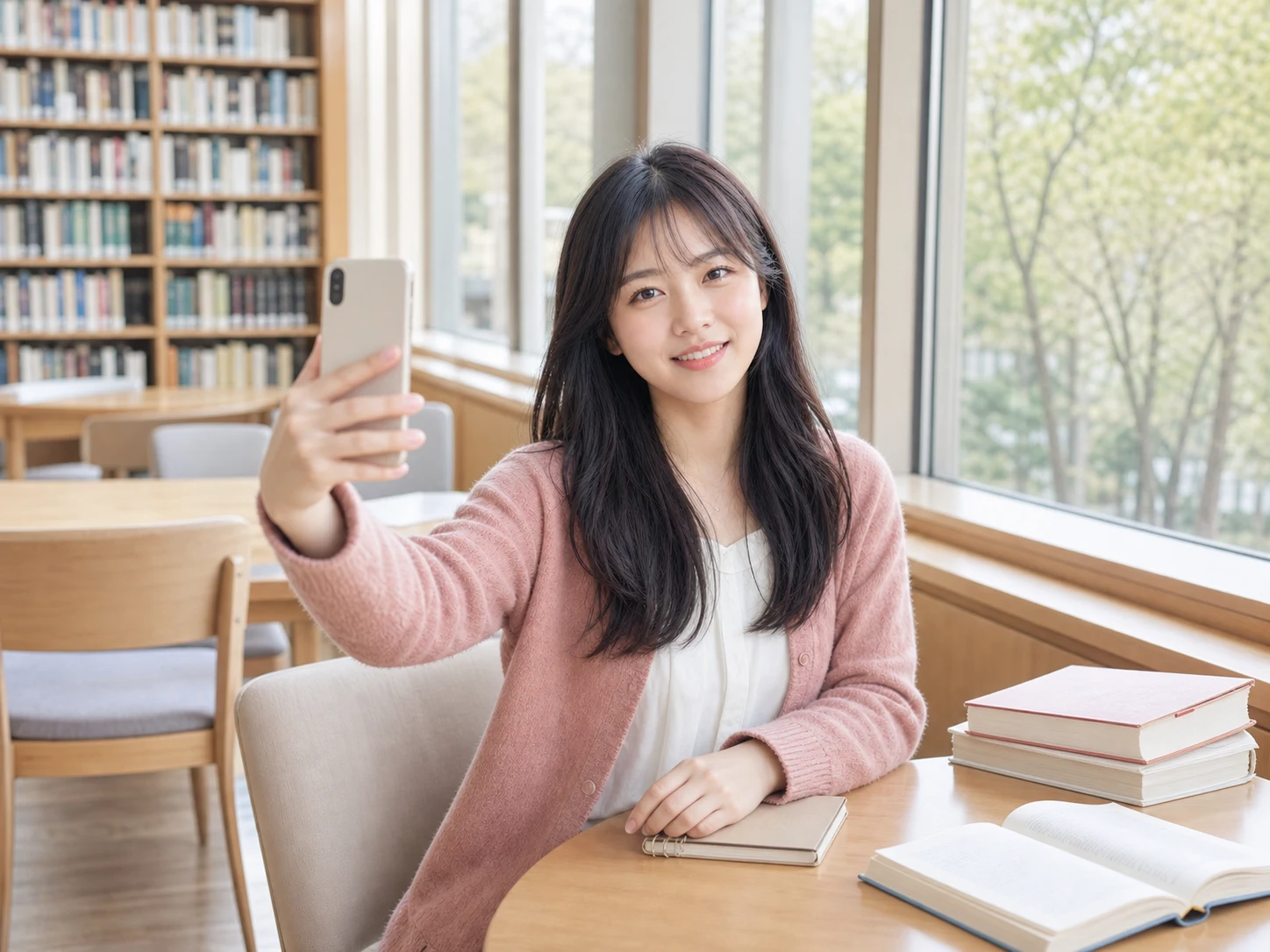 使用 AI 自拍编辑器生成奶油色咖啡馆成片的日本年轻女大学生