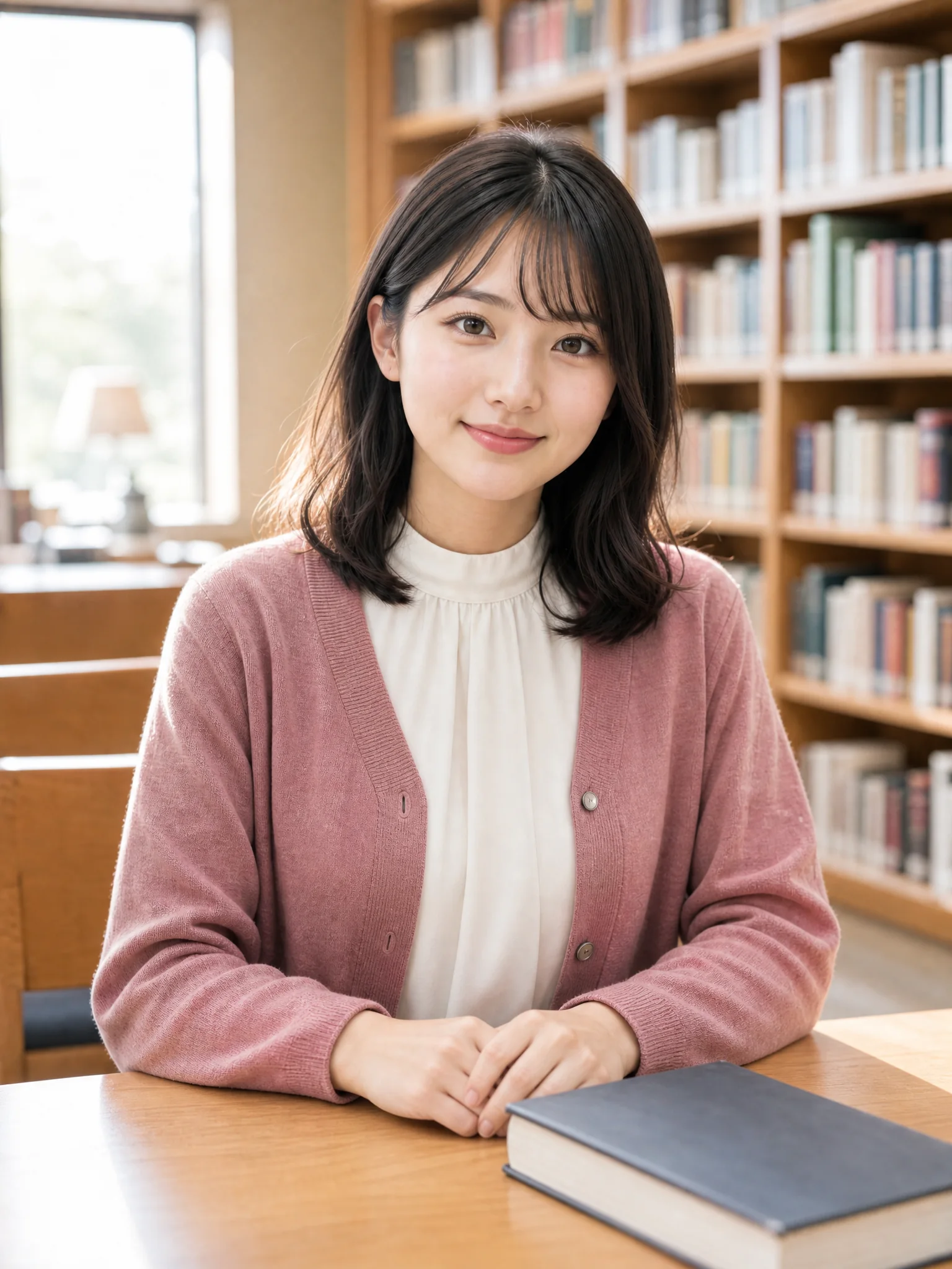 Adult Japanese university woman in a classic studio AI Yearbook Photo
